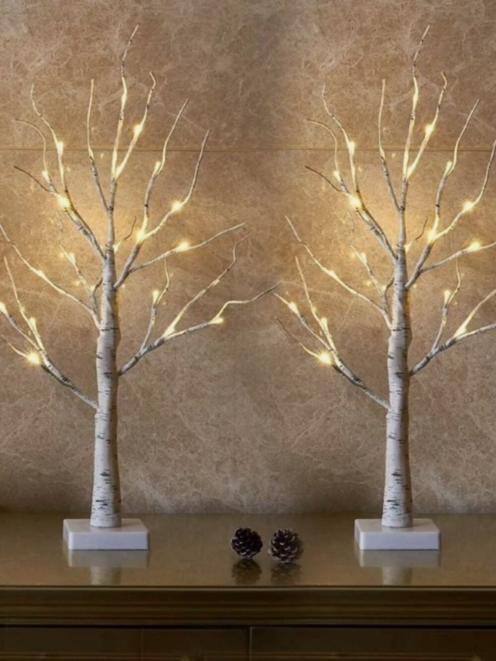 Pair (2) LED White Clear Warm Pre-Lit Birch Trees Accent Lighting 24" Cordless